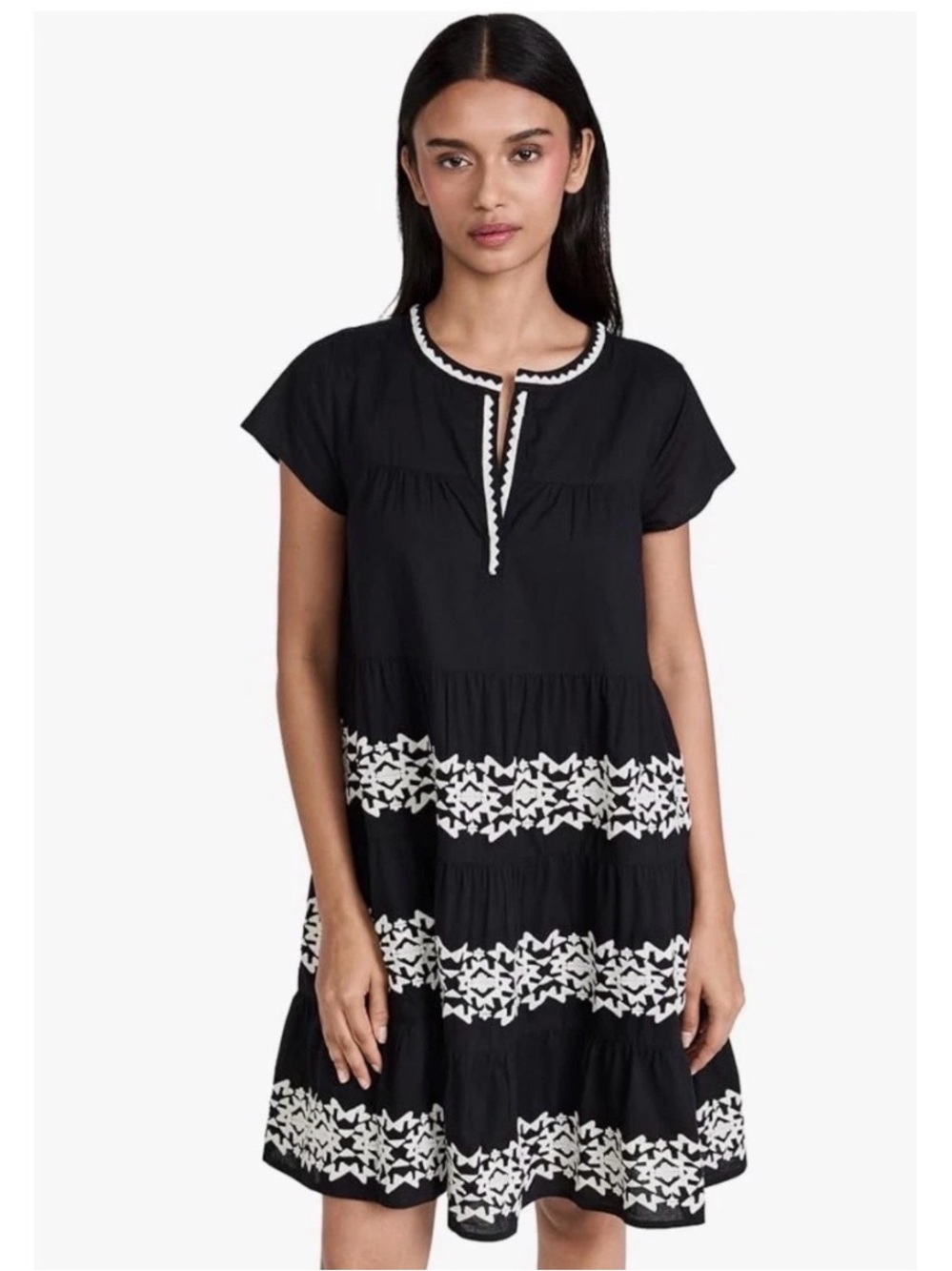 ROLLER RABBIT | Black Embroidered Tiered Cotton Mini Dress | Small
